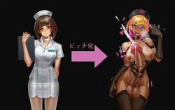 before_and_after bimbo bimbofication blcat blonde_hair bondage brain_injection brown_hair choker futanari gloves intersex large_penis makeup nipple_piercing nurse original piercing short_hair syringe thighhighs