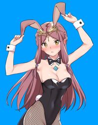 1girls alternate_costume animal_ears arms_up blue_background blush breasts brown_hair bunny_ears bunny_suit bunnysuit cleavage core_crystal fake_animal_ears fake_tail female gem hair_ornament haze_(xenoblade) headpiece jewelry large_breasts latex long_hair misu_kasumi nervous nintendo pantyhose shy simple_background solo tail tray very_long_hair xenoblade_(series) xenoblade_chronicles_2 xenoblade_chronicles_2:_torna_the_golden_country