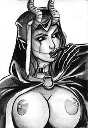 1girls breasts corruption dc dc_comics demon demoness drawn female hood mary_batson mary_marvel monochrome robe shazam_(series) superheroine theblackpharaoh