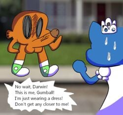 cartoon_network crossdressing darwin_watterson gumball_watterson gumballoopseggwobbleunderpants_(tawog) imminent_rape penis testicles the_amazing_world_of_gumball