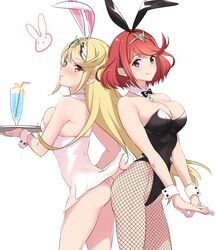 2girls :t alternate_costume animal_ears ass bangs bare_shoulders black_bow black_hairband black_leotard black_neckwear blush bow bowtie breasts bunny_ears bunny_tail bunnysuit cleavage closed_mouth commentary_request cowboy_shot cup detached_collar dress drink drinking_glass drinking_straw dual_persona earrings emerald_(gemstone) eyebrows_visible_through_hair fake_animal_ears fake_tail fishnet_pantyhose fishnets gem hairband highleg highleg_leotard holding holding_tray jewelry latex leotard long_hair looking_at_viewer medium_breasts misu_kasumi multiple_girls mythra nintendo nose_blush orange_eyes own_hands_together panties pantyhose pantyshot pantyshot_(standing) pink_panties pout pyra red_eyes red_hair sideboob simple_background smile standing straight_hair strapless strapless_dress strapless_leotard sweat swept_bangs tail thighs tray underwear upskirt very_long_hair white_background white_hairband wide_hips wrist_cuffs xenoblade_(series) xenoblade_chronicles_2