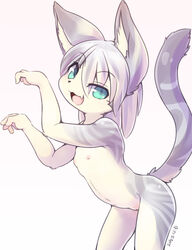 4_fingers anthro blue_eyes canopus335 dated domestic_cat felid feline felis female fingers flat_chested fur grey_fur hair kemono mammal navel nipples nude open_mouth paw_pose pussy silver_hair simple_background smile young