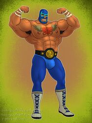 armpit_hair bara bulge flexing guacamelee headingsouth juan_aguacate luchador male male_only mask muscular nipples solo tattoo yaoi