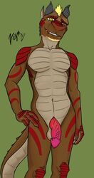 2019 5_fingers anthro balls claws digital_media_(artwork) dragon fingers hi_res horn male male_only nude penis scalie simple_background smile solo wingless_dragon yellow_eyes zeym