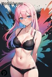 ai_generated arms_behind_back bangs bare_shoulders black_bra black_panties blue_eyes blush bow bra braid breasts cleavage closed_mouth collarbone cowboy_shot female hair_between_eyes kawaii_dake_ja_nai_shikimori-san long_hair looking_at_viewer medium_breasts navel panties pikkiwynn pink_hair shikimori_micchon smile solo stomach underwear underwear_only