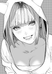 1girls animal_hood bangs big_breasts blonde_hair blush breasts cleavage clothed clothing collarbone doujinshi earrings eyebrows_hidden_by_hair eyelashes female greyscale grin head_tilt hood hood_up hoodie kimidake lip_piercing lips looking_at_viewer monochrome piercing smile smiling smiling_at_viewer solo teenage_girl teenager teeth