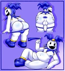 2024 absurd_res anthro anus ass atlus backsack balls belly big_belly big_butt black_eyes blue_anus blue_background blue_clothing blue_footwear blue_hood blue_nipples blue_shoes blue_underwear bubble_butt butt_grab closed_eyes clothed clothing demon erection felino fool's_hat footwear fur genitals grabbing_own_ass gradient_background hand_on_butt hand_on_own_butt hat headgear headwear hi_res humanoid_genitalia humanoid_penis jack_frost_(megami_tensei) looking_at_viewer looking_back looking_back_at_viewer male megami_tensei mob_face moobs mooning mostly_nude mostly_nude_anthro mostly_nude_male navel nipples nude open_mouth open_smile overweight overweight_anthro overweight_male partially_clothed penis perineum presenting presenting_anus presenting_hindquarters sega shoes simple_background sitting smile solo spread_anus spread_butt spreading standing thick_penis underwear underwear_around_finger underwear_down undressing white_body white_fur