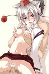 black_hair blush breast_grab breasts breasts_apart censored dog_ear fur hat highres momiji_inubashiri navel open_mouth penis pubic_hair purple_eyes sex shirt_lift silve silver_hair skirt skirt_lift tears tokin_hat tongue touhou upright_straddle vaginal_penetration