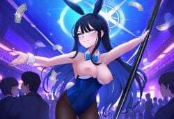 ai_generated arius_satellite_school_student arius_squad_(blue_archive) black_hair black_pantyhose blue_archive blue_bowtie blue_eyes blue_halo blue_leotard breasts breasts_out clothes_pull detached_collar extended_arm fake_rabbit_ears fake_rabbit_tail female female_focus female_only light_smile long_hair looking_away medium_breasts money nightclub nipples people_in_background playboy_bunny pole_dancing saori_(blue_archive) standing stripper stripper_pole thighband_pantyhose wrist_cuffs