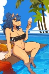 <3_eyes 1girls anthro bedroom_eyes blue_hair caramelroses caramelroses_(character) clothing dessert dreadlocks equid equine female female_only food gris_swimsuit hair happy heart hi_res hippalectryon hybrid ice_cream long_tail mammal meme meme_clothing narrowed_eyes one-piece_swimsuit original outside pink_eyes pinup plant poolside pose seductive solo swimming_pool swimwear tail tongue tongue_out translucent translucent_clothing translucent_swimwear tree tropical