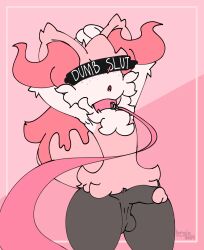 absurd_res anthro arms_above_head balls braix7_(artist) braixen censor_bar cheek_tuft circumcised collar degradation_text facial_tuft fluffy fluffy_tail freckles furry generation_6_pokemon genitals hands_behind_head head_tuft hi_res inner_ear_fluff leash leashed_collar lychee_(braix7) male male_only nintendo penis pokemon pokemon_(species) raised_arms saggy_balls simple_background solo tail thick_thighs tuft