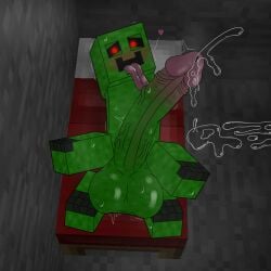 4_legs absurd_res armless balls bed bedroom_eyes big_balls big_penis blush bodily_fluids creeper_(minecraft) feral furniture genital_fluids genitals glans green_penis heart hi_res huge_balls huge_cock humanoid_genitalia humanoid_penis hyper hyper_genitalia hyper_penis male male_only microsoft minecraft mojang narrowed_eyes penis precum r0b0t seductive solo vein veiny_penis xbox_game_studios