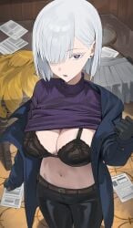 belt black_bra black_gloves black_pants bra breasts brown_belt cleavage clothes_lift coat colored_eyelashes earrings female fiona_frost gloves grey_eyes hair_over_one_eye heart heart-shaped_pupils highres hood_x_art jewelry large_breasts navel open_mouth pants paper purple_sweater racket short_hair solo spy_x_family stomach stud_earrings sweater sweater_lift symbol-shaped_pupils tennis_racket trench_coat turtleneck turtleneck_sweater underwear white_hair