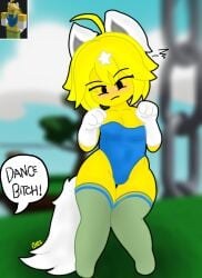 1girls angry_face blue_bodysuit blush carla carla_roblox chez-arts embarrassed female forced_dancing furry furry_female furry_paws green_stockings noob roblox roblox_avatar roblox_game robloxian self_upload slap_battles tagme white_tail yellow_body yellow_hair