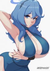 1girls ako_(blue_archive) ako_(dress)_(blue_archive) armpits armwear big_breasts black_nail_polish black_nails blue_archive blue_dress blue_eyes blue_hair bracelet breasts cleavage dress female female_only gehenna_academy_student hair hand_behind_head huge_breasts light-skinned_female light_skin nail_polish nails prefect_team_(blue_archive) sideboob solo zerock69