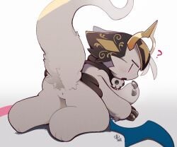 2025 3_fingers 4_arms 6:5 all_fours anthro anus bayachao bbb_(devil_connection) big_tail biped black_ears blush blush_lines butt clothed clothing colored demon devil_connection digital_media_(artwork) ear_markings fingers fluffy fluffy_tail full-length_portrait fur hip_wings horn ineffective_clothing kemono makemon male male_anthro mammal markings monotone_tail multi_arm multi_limb no_underwear open_mouth portrait question_mark raised_tail rear_view shaded simple_background simple_shading solo tail tapering_tail thick_tail three-quarter_view unusual_wing_placement white_background white_body white_fur white_tail