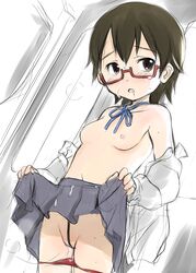 brown_eyes brown_hair cum cum_on_clothes dutch_angle facial female female_only glasses half_rim_glasses human human_only k-on! nipples no_bra nodoka_manabe_(k-on!) panties panty_pull red-framed_glasses rope semi-rimless_glasses short_hair sketch skirt skirt_lift solo straight_hair sweat under-rim_glasses underwear undressing wancho wet