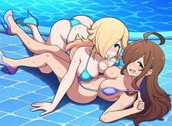 2girls ai_generated blonde_hair brown_hair crossover darkstar522 earrings female female_only high_heels kono_subarashii_sekai_ni_shukufuku_wo! mario_(series) nai_diffusion nintendo princess_rosalina stable_diffusion super_mario_galaxy swimsuit tagme white_skin wiz_(konosuba)