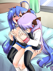 2girls bare_shoulders blue_hair blush breast_grab breasts cosplay detached_sleeves erect_nipples female female_only green_eyes hatsune_miku hatsune_miku_(cosplay) human kagami_hiiragi kogaku_kazuya konata_izumi long_hair lucky_star multiple_girls nipple_tweak nipples open_mouth purple_hair school_uniform serafuku straight_hair thighhighs tied_hair twintails uncensored vocaloid yuri