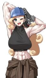 1girls abs athletic_female biceps blonde_hair blue_eyes curly_hair female female_only fit_female hands_behind_head hard_hat large_breasts light-skinned_female light_skin long_hair midriff midriff_baring_shirt muscular muscular_female mx2j_(nsh6394) pokemon sleeveless sleeveless_shirt solo sweat sweatdrop worker_(pokemon) worker_(pokemon_ss)