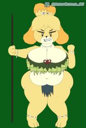 animal_crossing anthro big_breasts blonde_hair breasts canine chubby chubby_female collar domestic_dog female female_only fur furry greatcaesar_08 isabelle_(animal_crossing) loincloth navel orange_fur solo thick_thighs yellow_fur