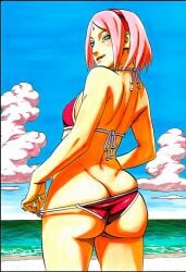 1girls accurate_art_style ai_generated ass ass_crack ass_focus back_muscles bare_back bare_shoulders bare_thighs beach big_ass big_breasts bikini bikini_bottom bikini_pull bikini_top blush bob_cut boruto:_naruto_next_generations breasts bubble_ass bubble_butt butt_crack facial_mark female female_only forehead_mark from_behind green_eyes grin hairband light-skinned_female light_skin looking_at_viewer looking_back looking_back_at_viewer manga_style masashi_kishimoto_style milf mooning mr._elmo muscles naruto naruto_(series) outdoors parted_bangs pinup pose posing posing_for_the_viewer presenting presenting_ass presenting_hindquarters pulled_by_self rear_view red_hairband revealing_swimsuit sakura_haruno shiny shiny_hair shiny_skin short_hair skimpy skimpy_bikini smile thighs undressing undressing_self viewed_from_behind water y_shaped_butt_crack
