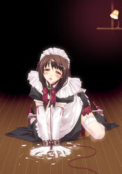 1girls blush bondage bound_wrists bow brown_hair collar cum cum_in_mouth f-ism facial female female_focus female_human female_only garter_straps gloves high_heels highres human human_female human_focus human_only leash looking_at_viewer maid maid_headdress murakami_suigun no_visible_genitalia open_mouth original peeing shoes solo solo_female solo_focus spreader_bar straight_hair tears