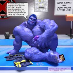 3d 3d_(artwork) anthro balls bara beast_(x-men) big_penis blue_body blue_skin blue_skinned_male boner erection furry hank_mccoy male male_only marvel marvel_comics masturbation muscles muscular nude penis sitting snarlthewerewolf solo solo_male speech_bubble x-men