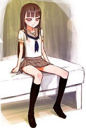 black_socks blush brown_hair copyright_request drip dripping drugged drugs empty_eyes footwear knee_socks kneehighs kneesocks long_hair needle nipples pussy_juice saliva school_uniform serafuku sitting skirt smile socks straight_hair sweat syringe wet yufu