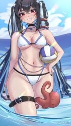 1girls beach_ball bikini black_hair black_nails blue_hair cleavage clouds day female female_focus female_only front_view highres holding_object latam_virtual_youtuber light-skinned_female light_skin long_hair looking_at_viewer ocean octopus pointy_ears red_eyes sallynii smiling smiling_at_viewer standing_in_water summer swimsuit thong_bikini twintails virtual_youtuber vtuber vtuberfanart water wet wet_body