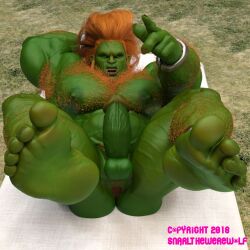 3d 3d_(artwork) balls bara big_penis blanka boner capcom erection feet green_body green_skin lying_on_back male male_only muscles muscular nude orange_hair penis snarlthewerewolf solo solo_male street_fighter