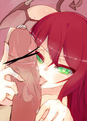 1boy 1girls bar_censor bat_wings bent_over blush censor_bar censored censored_penis cheek_poke demon_tail disembodied_penis eightman erection fellatio female female_focus foreskin foreskin_folds green_eyes handjob head_wings huge_cock intact koakuma licking looking_at_viewer male male_pov naughty_face nude oral oral_sex partial_male penis penis_on_face pov precum red_hair retracted_foreskin rub straight tail tease teasing the_embodiment_of_scarlet_devil tongue tongue_out touhou tsurime two-handed_handjob uncut veiny_penis wings