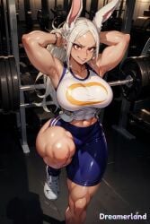 1girls abs ai_generated arms_behind_head athletic_female big_breasts boku_no_hero_academia breasts brown_skin brown_skinned_female bunny_ears bunny_girl eyes female female_focus female_only fit_female huge_breasts leg_raise looking_at_viewer miruko muscular_arms muscular_female muscular_thighs my_hero_academia navel red_eyes rumi_usagiyama short_shorts smiling thick thick_thighs thunder_thighs toned_female white_hair