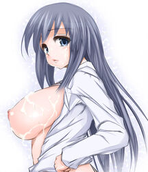 blue_eyes blush breasts cum cum_on_body cum_on_breasts cum_on_upper_body efg facial female female_only grey_hair highres human human_only k-on! large_breasts long_hair mio_akiyama_(k-on!) nipples open_clothes open_shirt power_of_two puffy_nipples shirt sideboob sketch solo straight_hair tears white_background