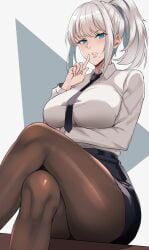 1girls arm_under_breasts black_skirt blue_eyes breasts collared_shirt commentary crossed_legs english_commentary female female_only finger_to_mouth hair_between_eyes high_ponytail highres lainart large_breasts legs looking_at_viewer mole mole_under_mouth necktie nier:_automata nier_(series) pantyhose ponytail shirt short_ponytail shushing sidelocks sitting skirt solo thick_thighs thighs white_hair yorha_a2