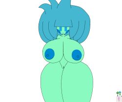 blue_eyes blue_hair blue_nipples hyper_breasts hyper_thighs looking_at_viewer naked naked_female pussy simple_eyes smiling standing turquoise_body turquoise_skin x_chara_(original_character)