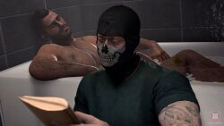 3d 3d_(artwork) 3d_model activision bathing bathroom blonde_hair bros_being_bros brown_eyes call_of_duty call_of_duty_modern_warfare_2_(2022) clothed_male_nude_male duo duo_focus gentle ghost_(modern_warfare_2) infinity_ward innocent john_mactavish looking_at_partner loving_look male_only masked masked_male muscles muscular muscular_male nonsexual_nudity obbi_mation peaceful reading_book satisfied_look satisfied_smile simon_riley soap_(modern_warfare_2) tattoo_on_arm tattooed_arm tattooed_male wholesome wholesome_nudity