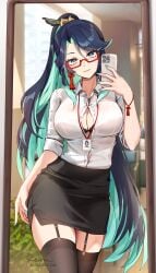 1girls busty female female_only foxy_rain_(foxyreine) foxyrain_(foxyreine) foxyreine fully_clothed garter_straps genshin_impact glasses large_breasts mature_female milf mirror_selfie selfie solo thighhighs very_long_hair xianyun_(genshin_impact)