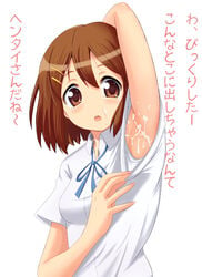 arm_up armpits blush brown_eyes brown_hair cum cum_on_body cum_on_upper_body facial female female_only hair_ornament hairclip highres human human_only k-on! open_mouth school_uniform sexy_armpits short_hair solo towamin translated yui_hirasawa_(k-on!)