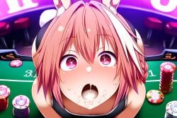 1boy a.i.ddicted after_fellatio after_oral ai_generated animal_ears astolfo_(fate) big_ass big_butt bunny_ears bunny_tail casino crop_top cum_in_mouth cum_on_face excessive_cum fate/grand_order fate_(series) femboy feminine_male girly kneeling long_braid neon_lights novelai oral oral_sex pink_eyes pink_hair poker_chip poker_table pov rabbit_ears rabbit_tail smile sports_bra