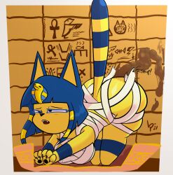 2021 absurd_res animal_crossing ankha_(animal_crossing) anthro ass ass_up bandage big_breasts big_butt blue_body blue_fur blue_hair breasts brown_background carpet clothing detailed_background domestic_cat egyptian_headdress feces felid feline felis female frown fur hair hi_res lewdpunch mammal markings nintendo open_frown open_mouth pawpads relieved scat scat sequence short_hair short_stack simple_background solo striped_markings striped_tail stripes tail tail_markings thick_thighs torn_clothing wardrobe_malfunction wide_hips yawn yellow_body yellow_fur