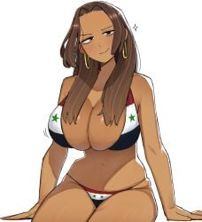 1girls big_breasts bikini brown_hair dark-skinned_female edit edited female female_only flag_bikini hoop_earrings long_hair national_personification navel ohasi solo syrian syrian_flag syrian_flag_bikini