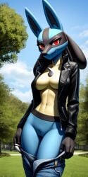 2024 ai_generated black_jacket blue_body blue_fur female female_lucario game_freak innie_pussy jeans leather_jacket looking_at_viewer lucario nintendo open_jacket pants_down park pokemon pokemon_(species) public_exposure pulling_down_pants self_exposure showing_pussy