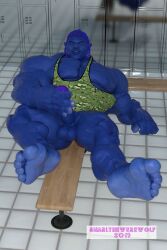 3d 3d_(artwork) anthro balls bara beast_(x-men) big_penis blue_body blue_skin boner bottomless erection furry hank_mccoy male male_only marvel marvel_comics masturbation muscles muscular pantsless penis sitting snarlthewerewolf solo solo_male tank_top x-men