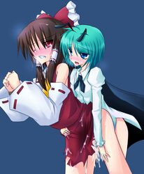 antennae blush bondage bound_wrists bow brown_hair cape cum detached_sleeves facial female female_only femdom femsub green_eyes green_hair hairbow human lezdom multiple_girls no_visible_genitalia open_mouth pussy_juice red_eyes reimu_hakurei rope short_hair small_breasts tears torn_clothes touhou wriggle_nightbug yuri