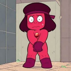 1girls ai_generated alien alien_girl alien_humanoid blush boots cartoon_network covering_crotch doc_(steven_universe) embarrassed embarrassed_nude_female female female_only gem_(species) gloves nude nude_female red_body ruby_(steven_universe) scalieton self_upload steven_universe sweat sweatdrop