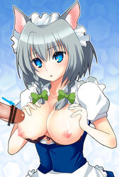 1girls animal_ears black_bra blue_eyes bra braid breasts censored cupless_bra dog_ears female fur grey_hair inu_sakuya kemonomimi kemonomimi_mode large_breasts lingerie nipples penis sakuya_izayoi short_hair silver_hair solo takamoto_akisa touhou twin_braids underwear