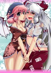 1futa 1girls bandana bare_shoulders blush bow breasts cleavage female fujiwara_no_mokou futa_sans_balls futanari hairbow hand_holding hips holding_hands intersex japanese_clothes kimono long_hair mystia_lorelei namida_boshi no_panties open_clothes open_shirt pants penis red_eyes red_string see-through shirt short_hair string suspenders tears thighs touhou uncensored underboob very_long_hair wings