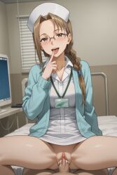 1girls ai_generated ailya86 aki_natsuki bottomless_male cowgirl_position cum cum_in_pussy cum_inside glasses nurse sex sword_art_online uncensored vaginal_penetration