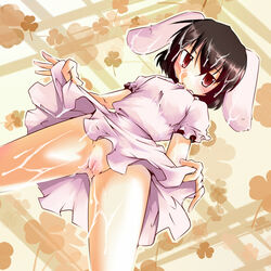 animal_ear black_hair blush brown_eyes bukkake bunny_ear cum cum_on_body cum_on_lower_body cum_on_upper_body dress dutch_angle facial from_below pussy sesield short_hair solo tewi_inaba touhou uncensored upskirt